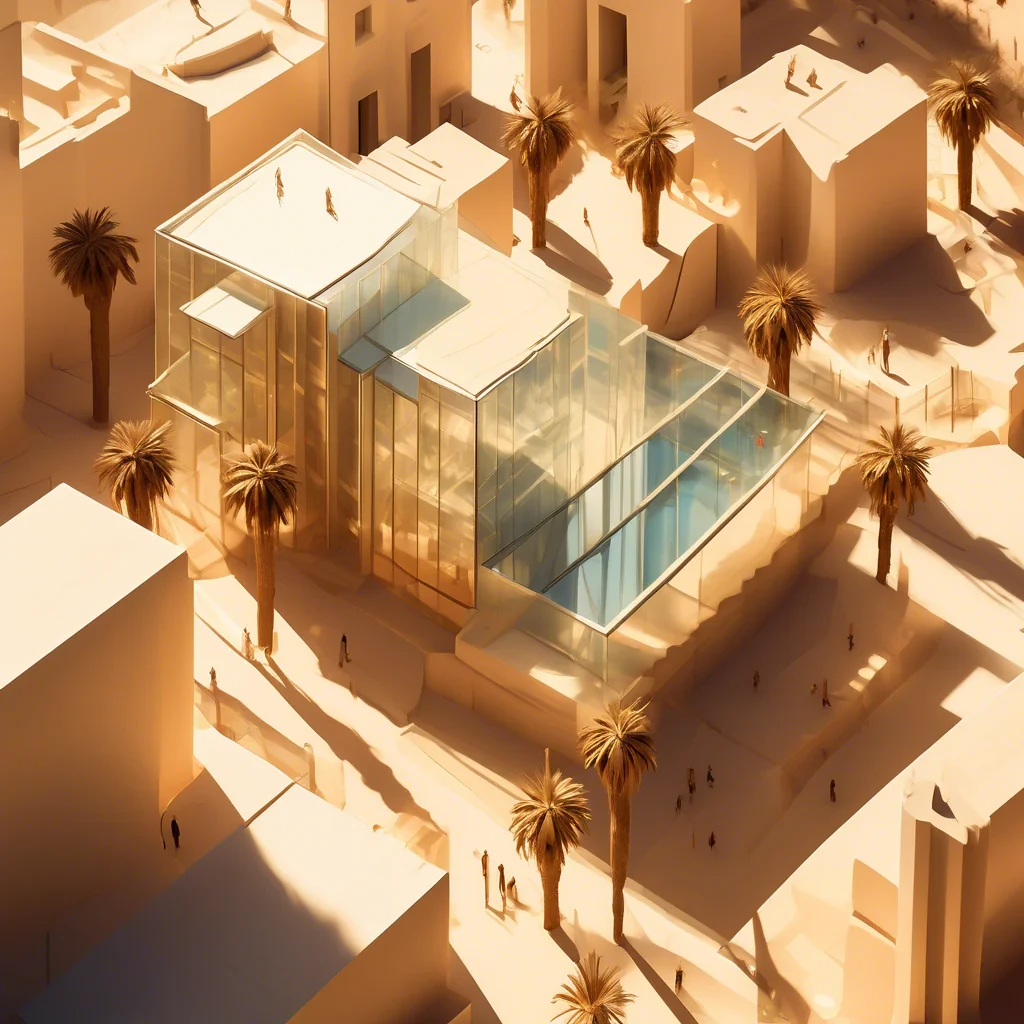 High noon sun blazes, casting long, sharp shadows across the thirteen stories of a shimmering, translucent glass structure;  a gentle desert breeze whispers through its open expanse, carrying the scent of sun-baked earth and distant date palms, while unseen occupants, silhouetted against the internal glow, move like phantoms within this impossibly weightless, yet undeniably existing, architectural marvel.  The style is hyper-realistic, leaning into a futuristic minimalism with a subtle, almost imperceptible, warmth in the color palette, reminiscent of sun-drenched sand dunes meeting a crystalline sky.